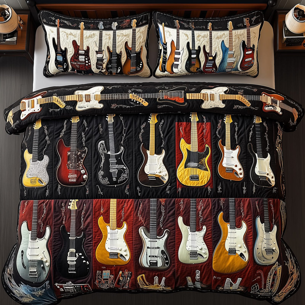 Intricate Electric Guitars Row quilted 3-piece bedding set on a made bed with two matching pillow shams