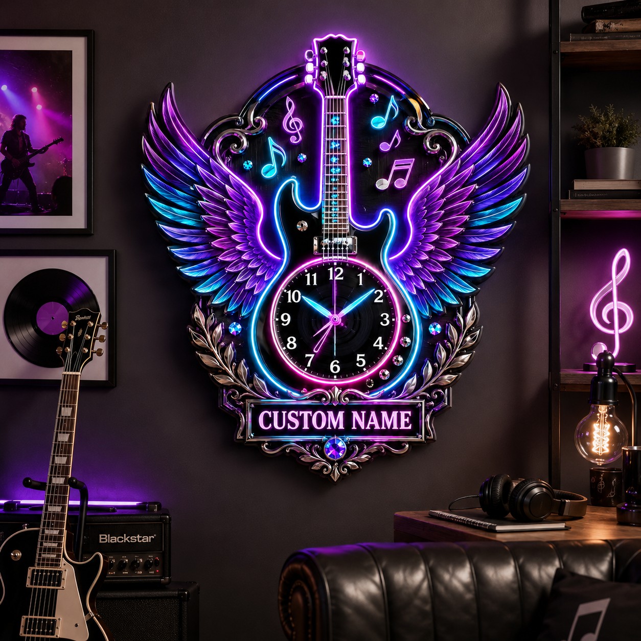 Rock guitar enthusiasts Custom Name Wall Clock — personalized with a custom name