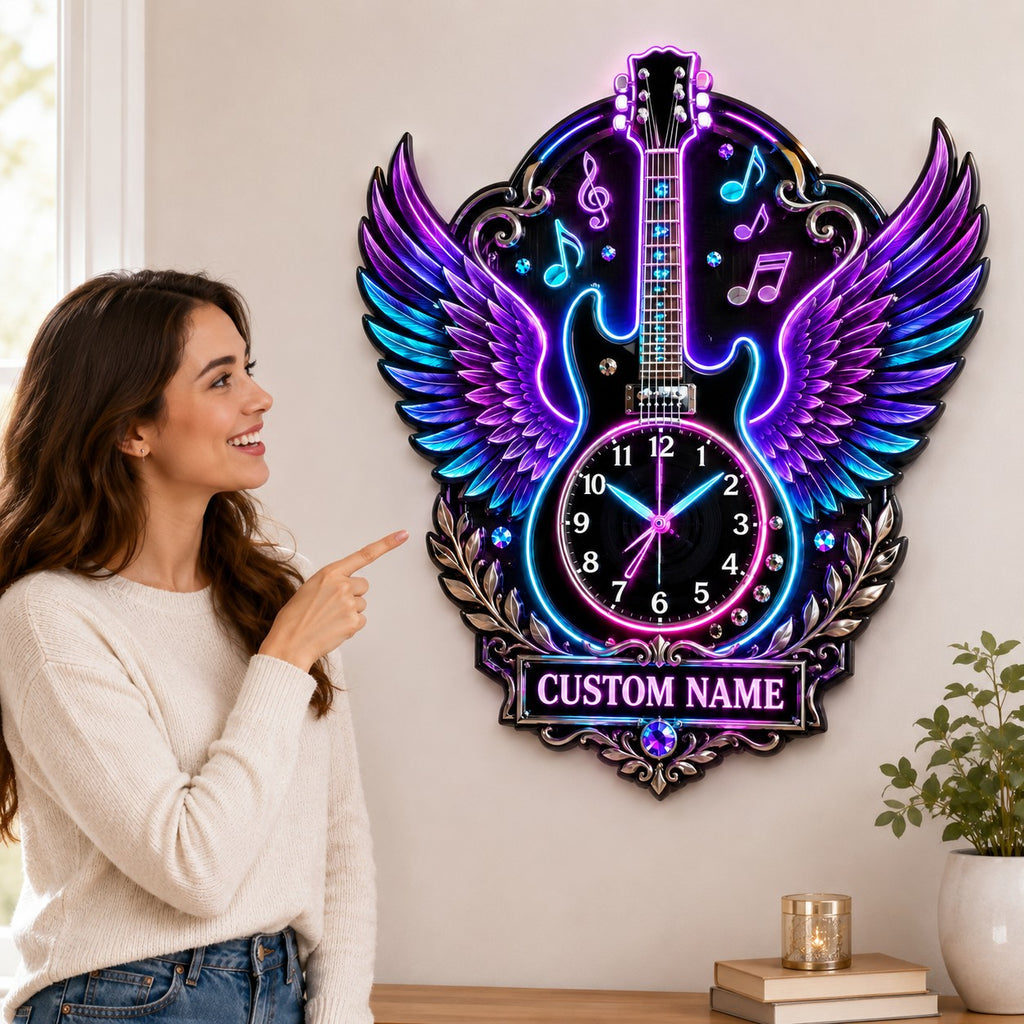 Rock guitar enthusiasts Custom Name Wall Clock — personalized with a custom name
