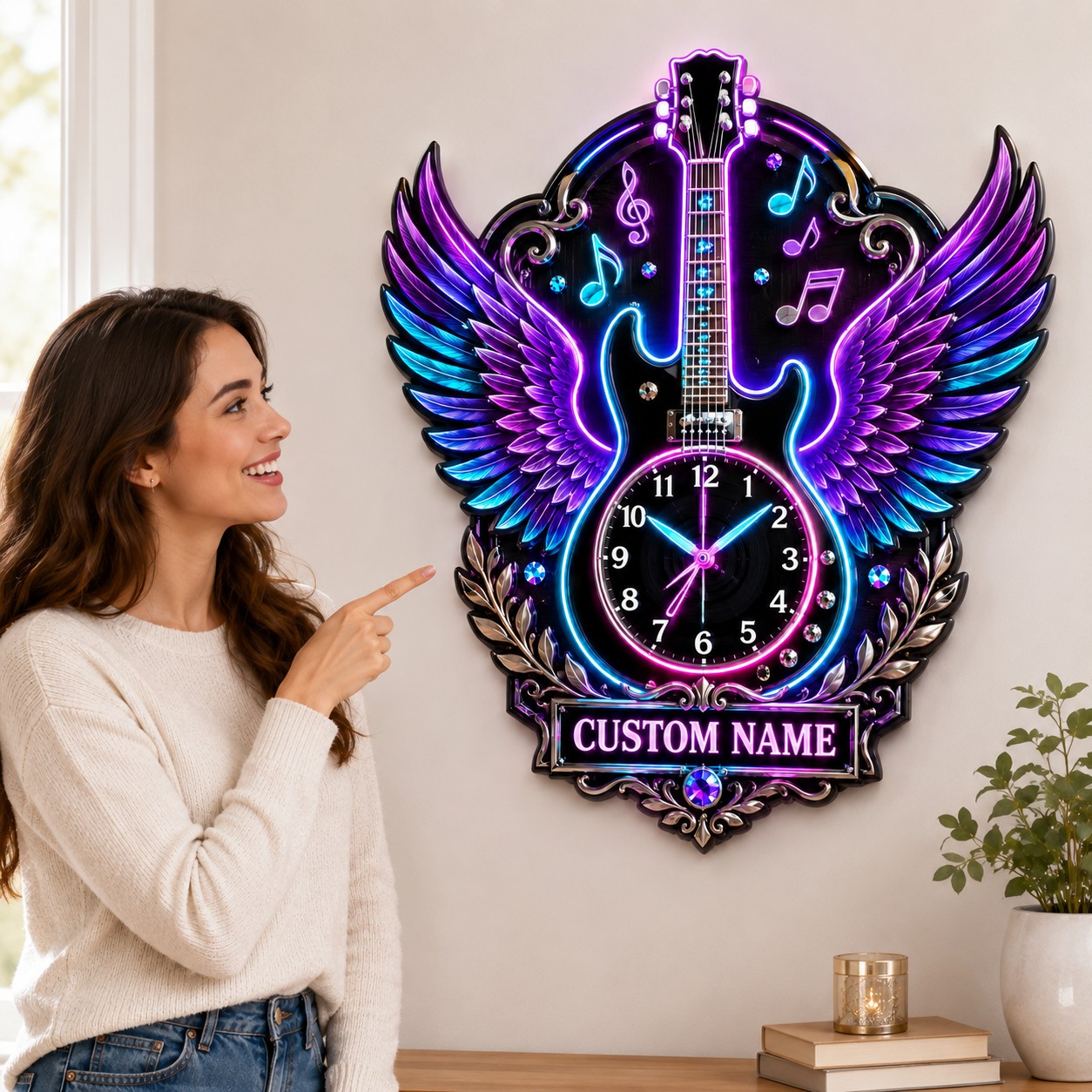 Rock guitar enthusiasts Custom Name Wall Clock — personalized with a custom name