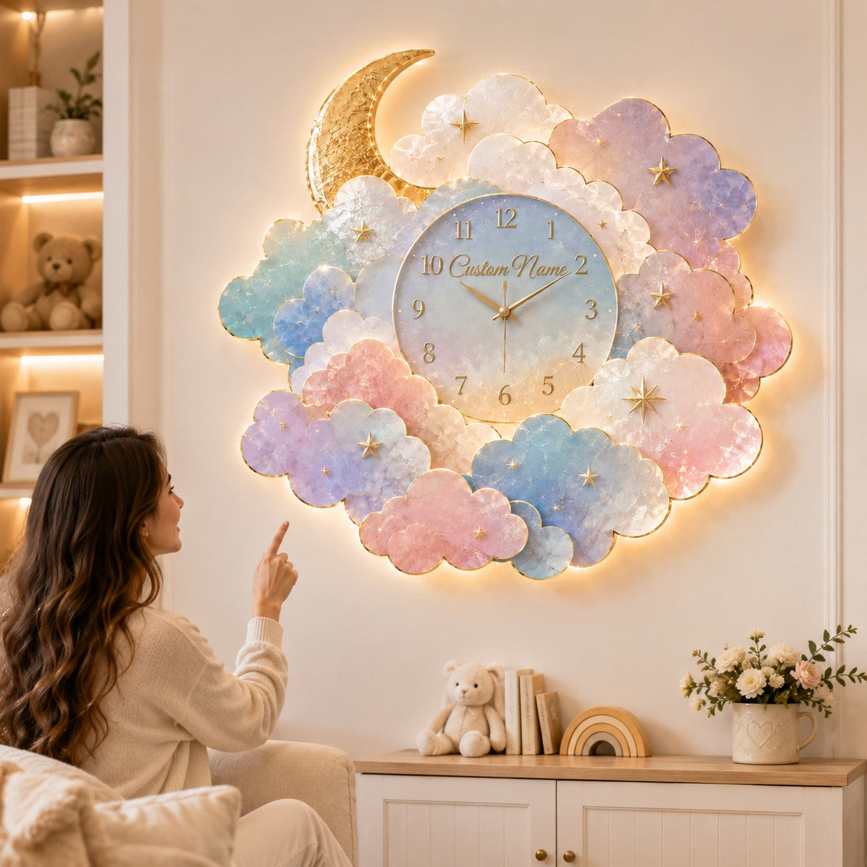 Moon cloud Custom Name Wall Clock — personalized with a custom name