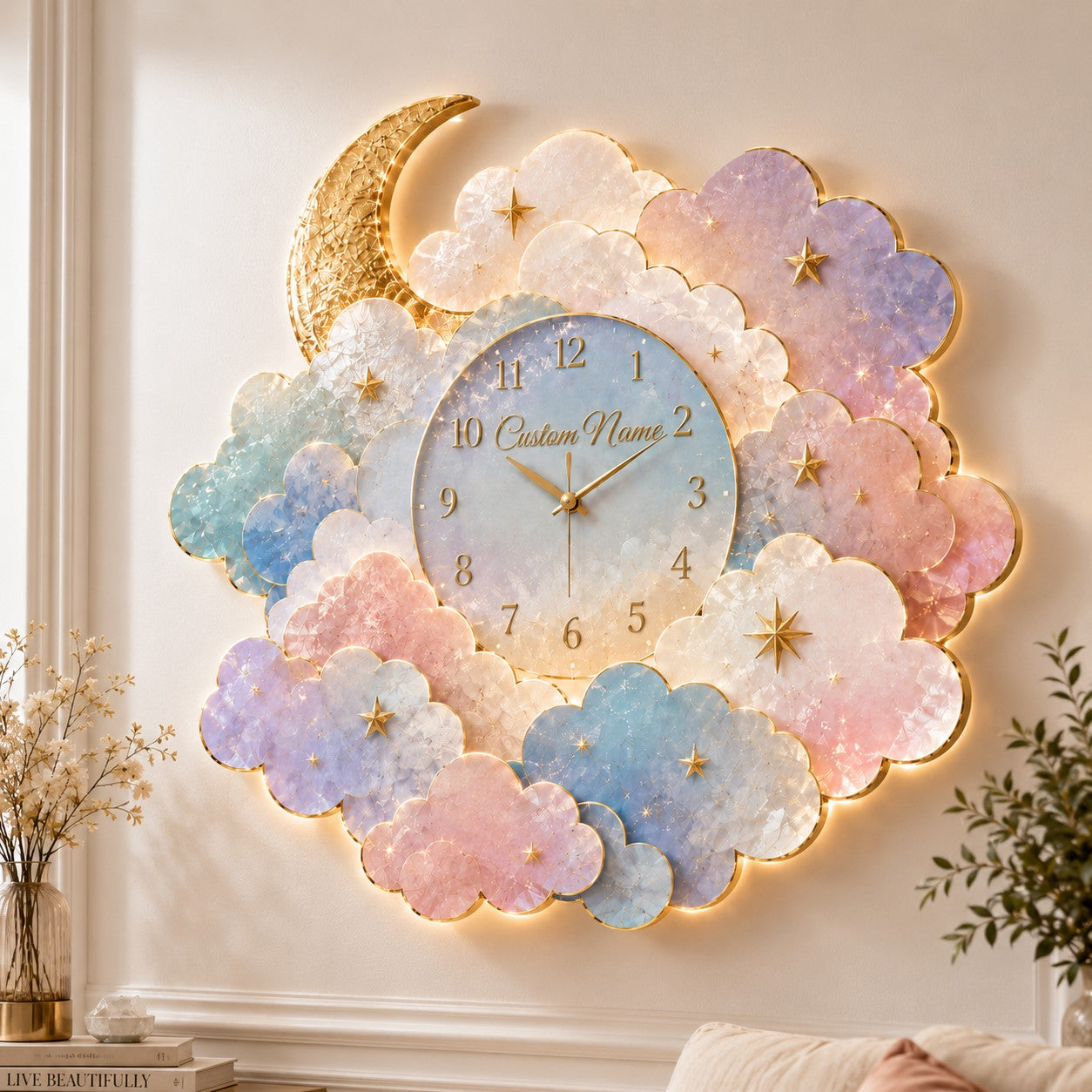 Moon cloud Custom Name Wall Clock — personalized with a custom name