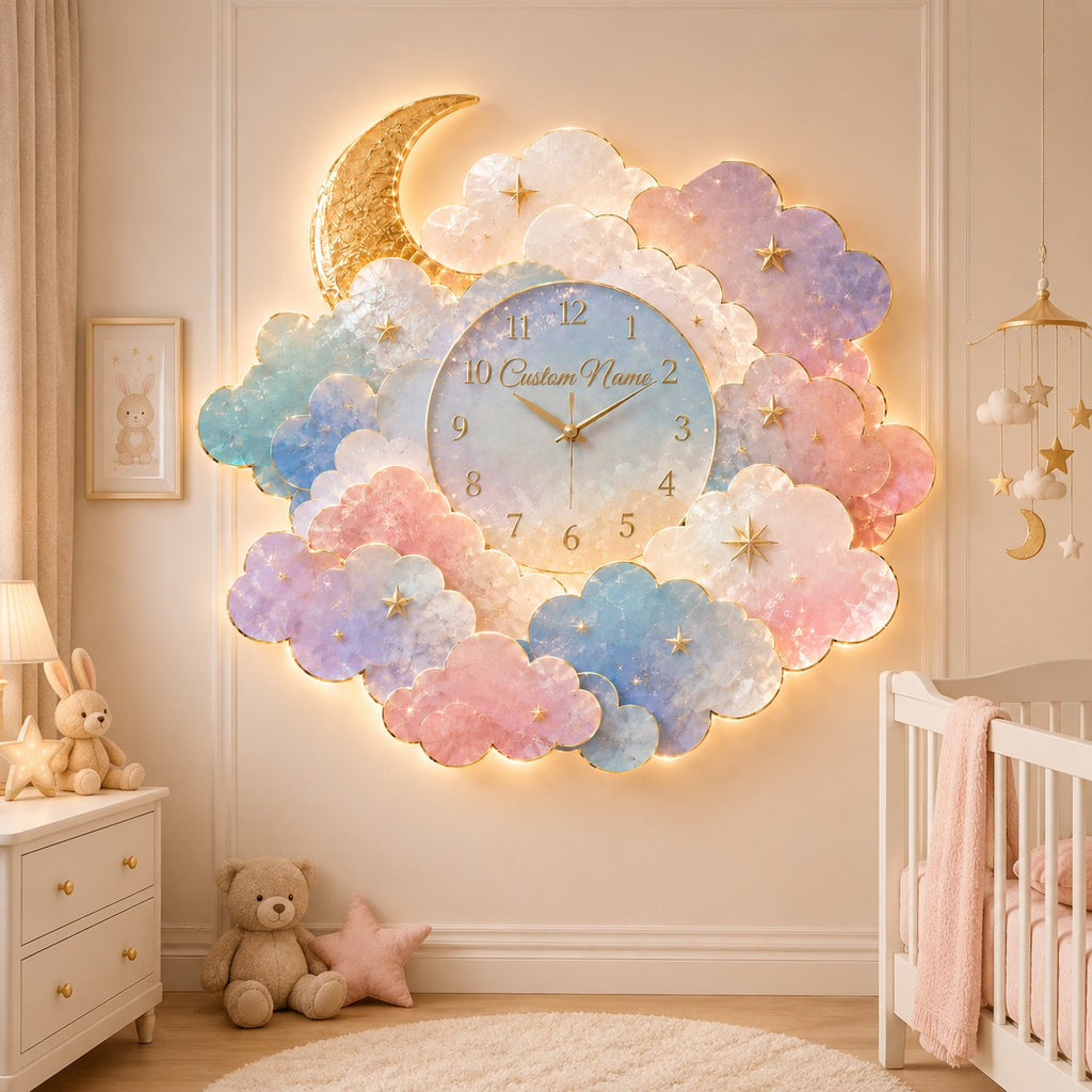 Moon cloud Custom Name Wall Clock — personalized with a custom name