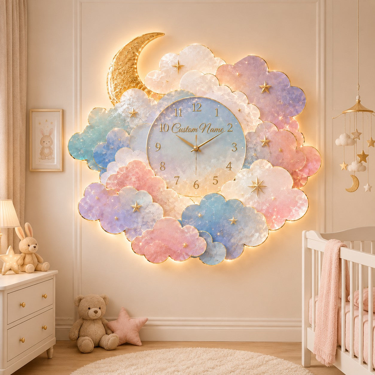 Moon cloud Custom Name Wall Clock — personalized with a custom name