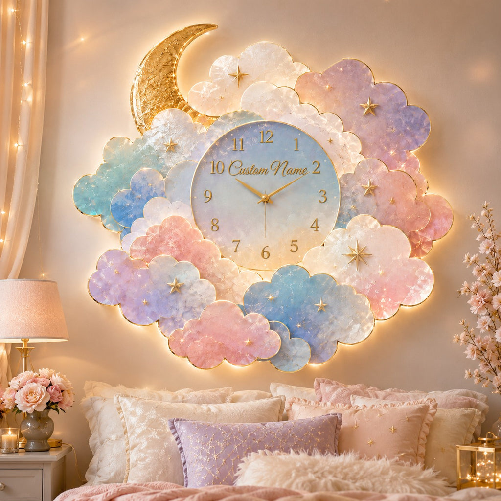 Moon cloud Custom Name Wall Clock — personalized with a custom name