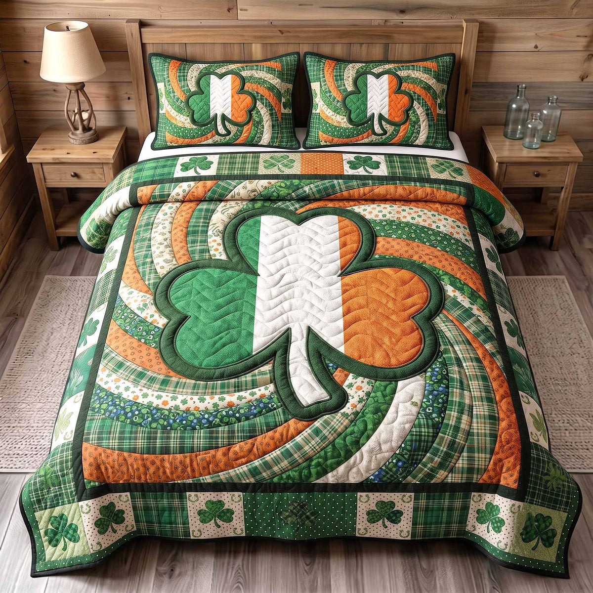 Irish Blessings Flag Clover quilted 3-piece bedding set on a made bed in a warmly lit bedroom