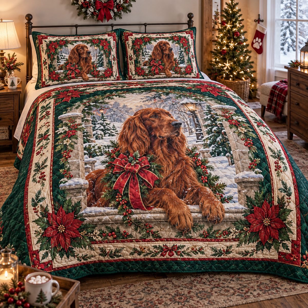 Irish Setter Christmas 3-Piece Quilted Bedding Set — digital product visualization