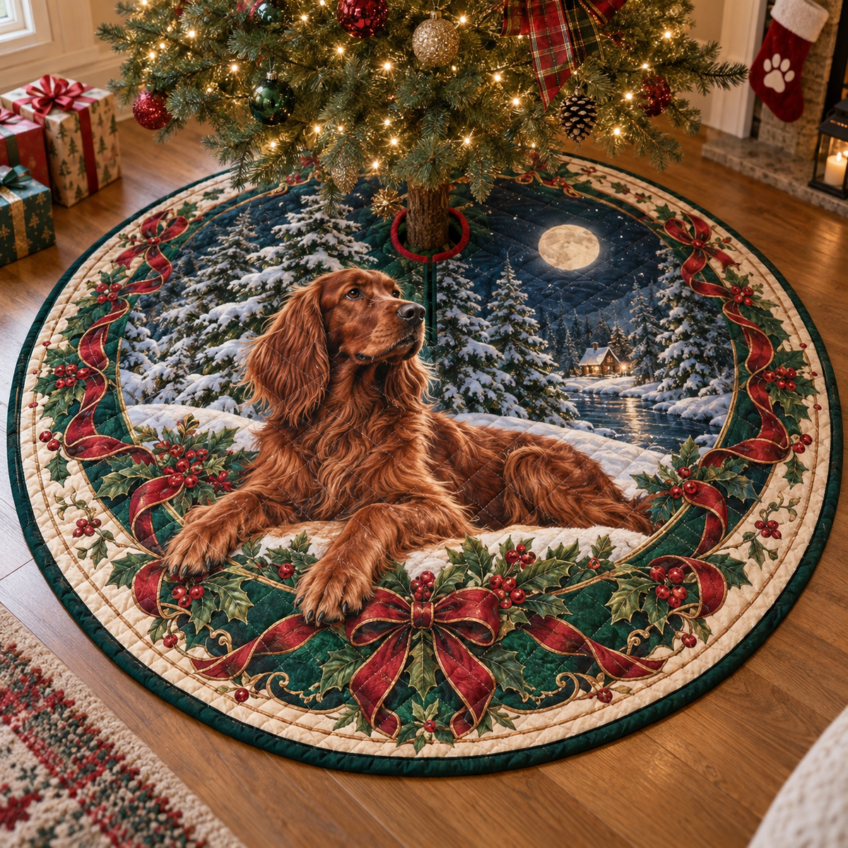 Irish Setter Quilted Christmas Tree Skirt — digital product visualization