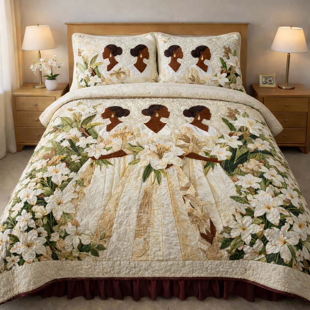 Ivory Grace quilted 3-piece bedding set on a made bed with two matching pillow shams