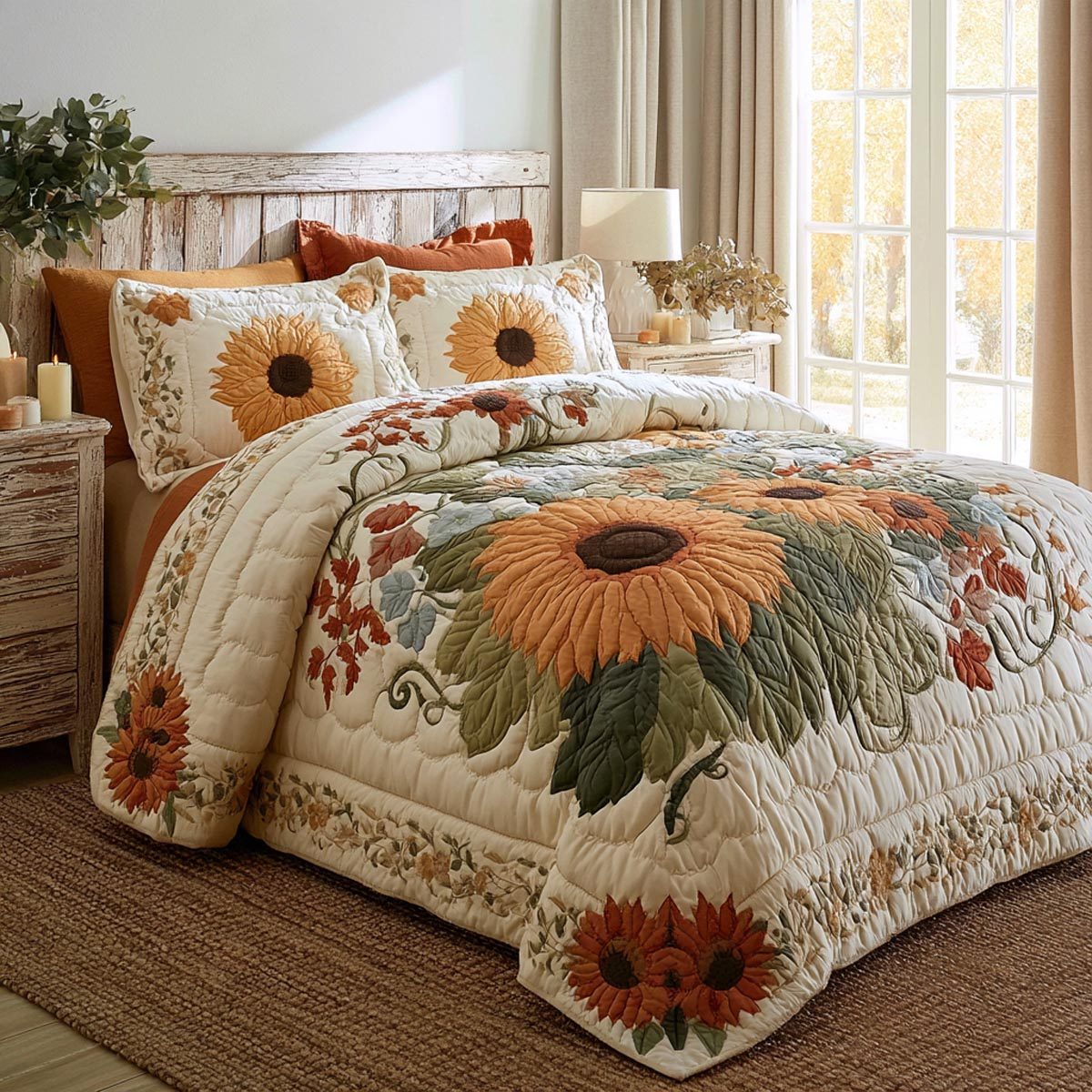 Ivory Sunflower Bloom quilted 3-piece bedding set on a made bed with two matching pillow shams