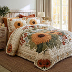 Ivory Sunflower Bloom quilted 3-piece bedding set on a made bed with two matching pillow shams