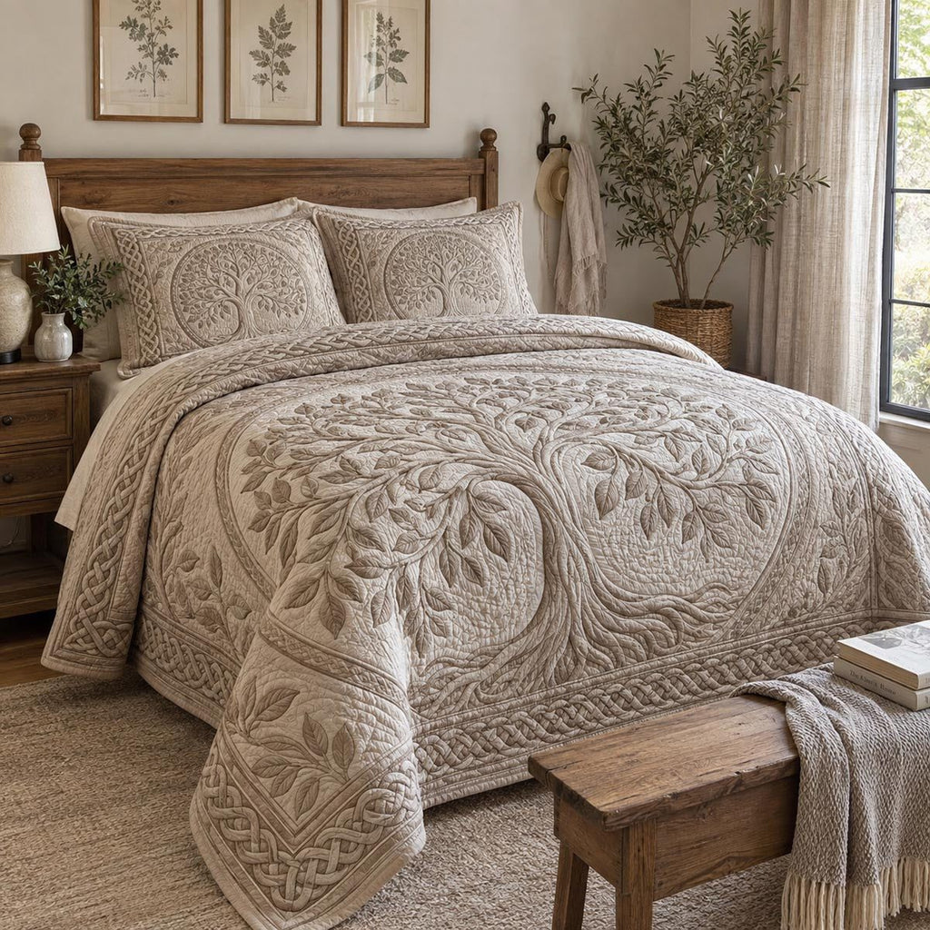 Ivory Tree Of Life quilted 3-piece bedding set on a made bed with two matching pillow shams