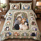 Ivy Arch Patchwork Cats quilted 3-piece bedding set on a made bed in a farmhouse bedroom