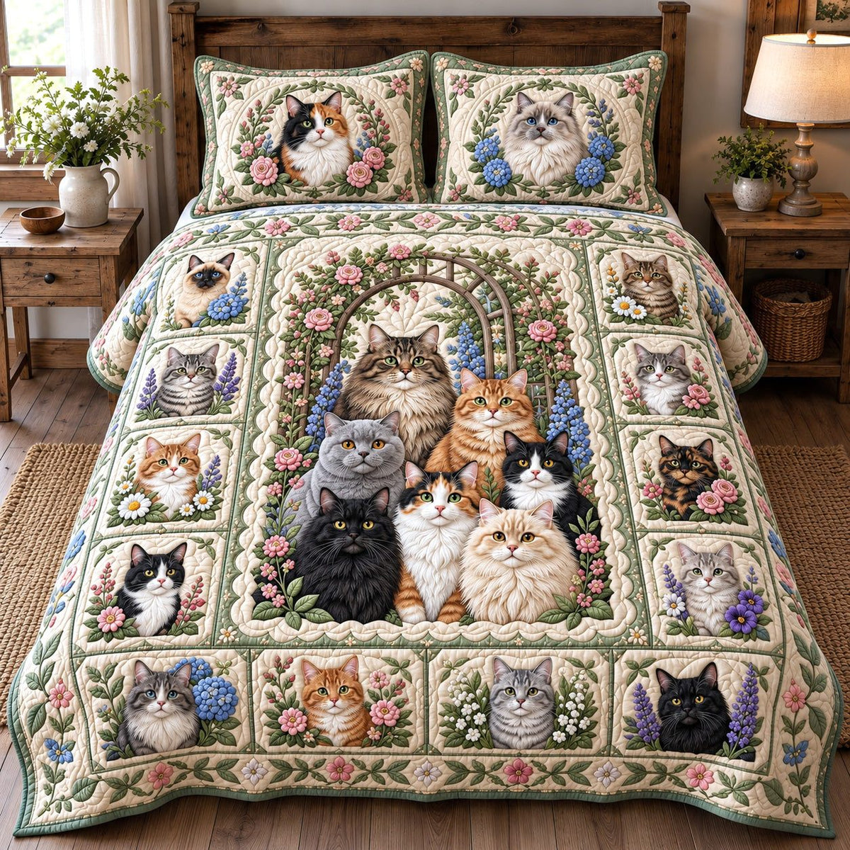 Ivy Arch Patchwork Cats quilted 3-piece bedding set on a made bed in a farmhouse bedroom