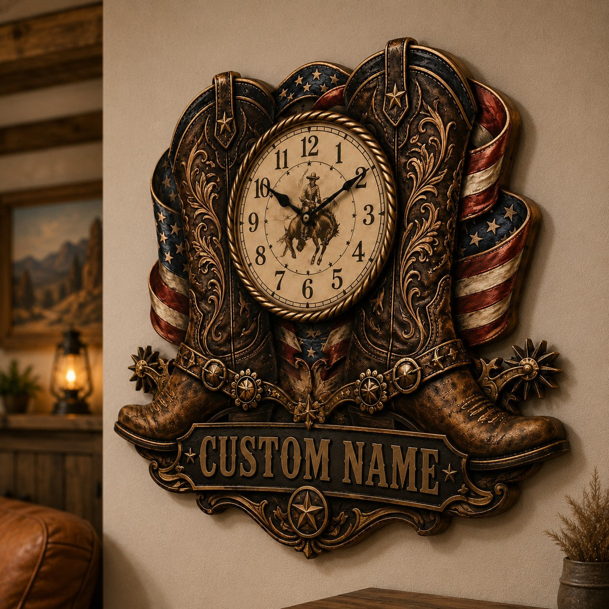 Cowboy boots Custom Name Wall Clock — personalized with a custom name