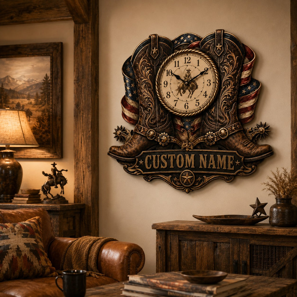 Cowboy boots Custom Name Wall Clock — personalized with a custom name