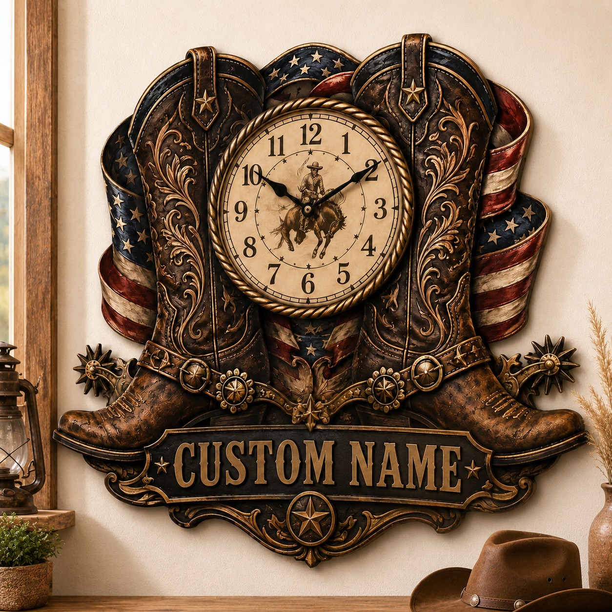 Cowboy boots Custom Name Wall Clock — personalized with a custom name