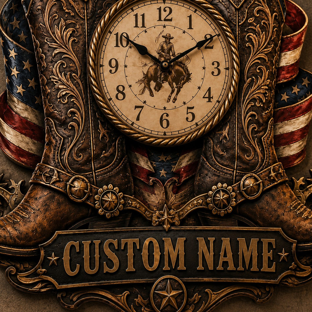 Cowboy boots Custom Name Wall Clock — personalized with a custom name