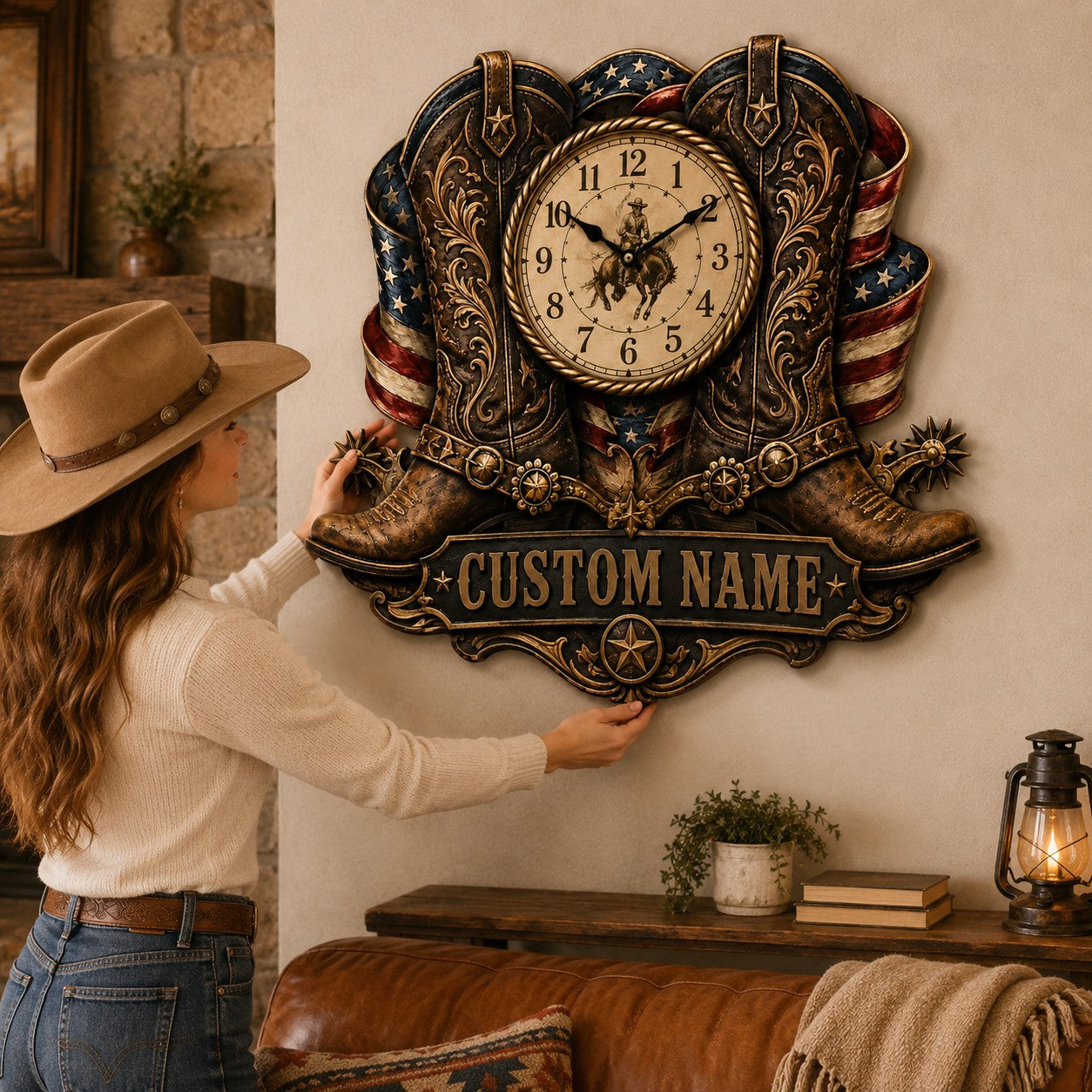 Cowboy boots Custom Name Wall Clock — personalized with a custom name
