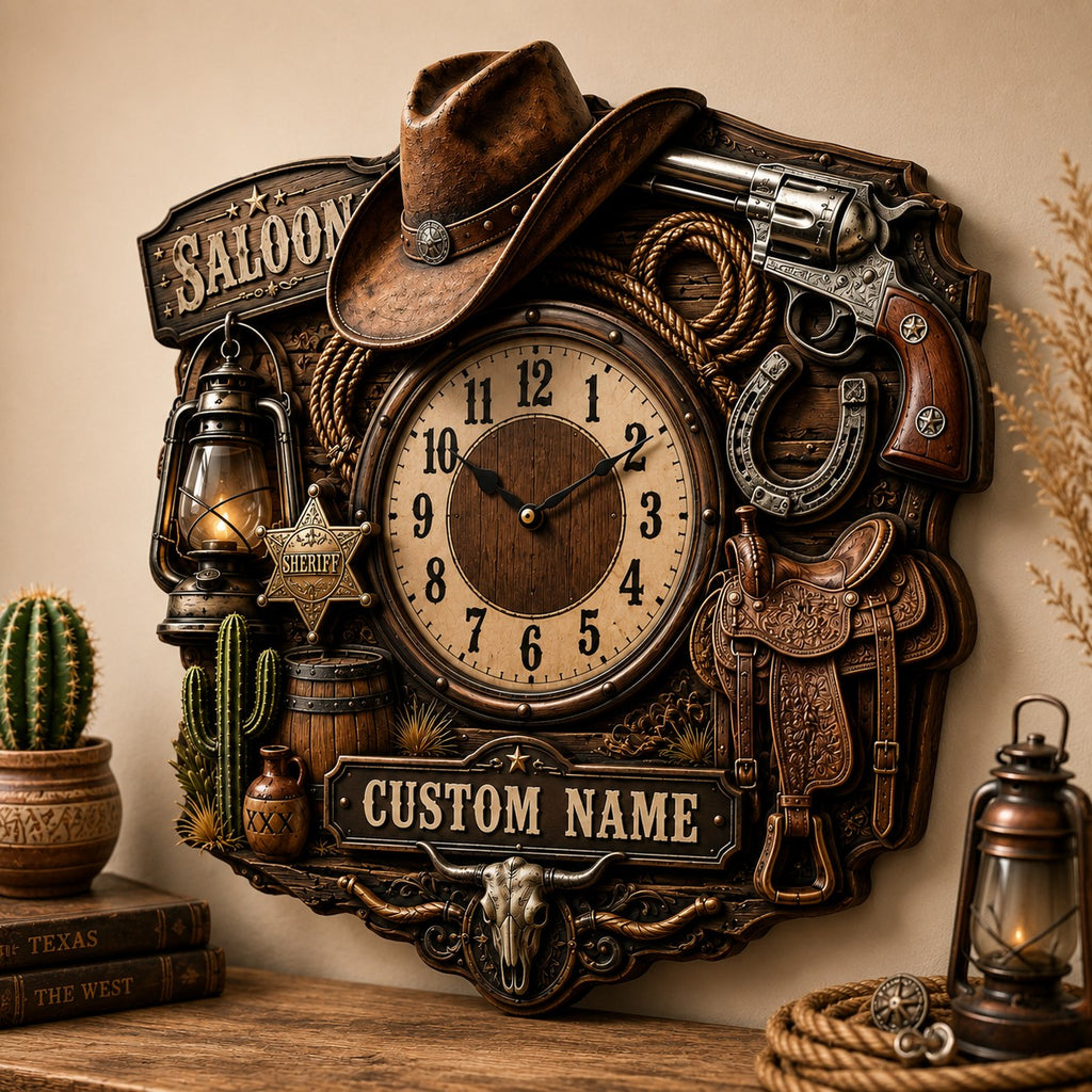 Western saloon Custom Name Wall Clock — personalized with a custom name