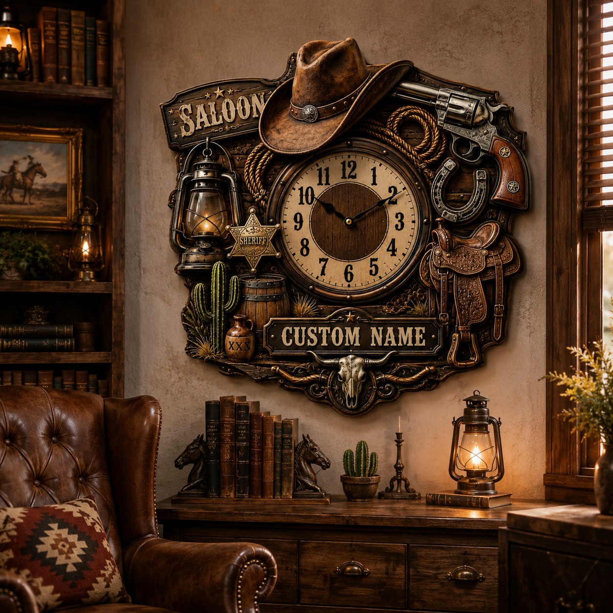 Western saloon Custom Name Wall Clock — personalized with a custom name