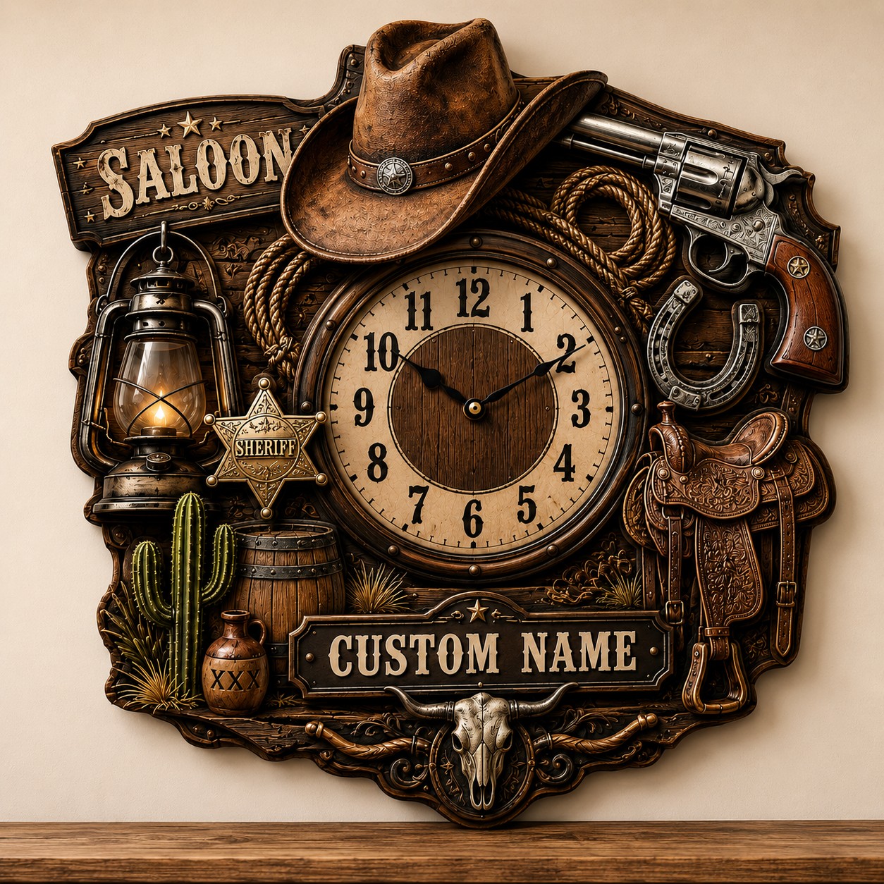 Western saloon Custom Name Wall Clock — personalized with a custom name