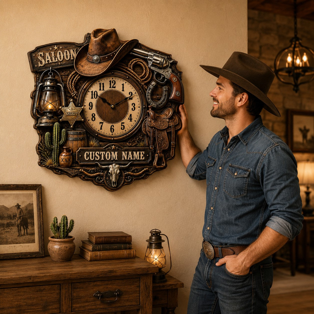 Western saloon Custom Name Wall Clock — personalized with a custom name