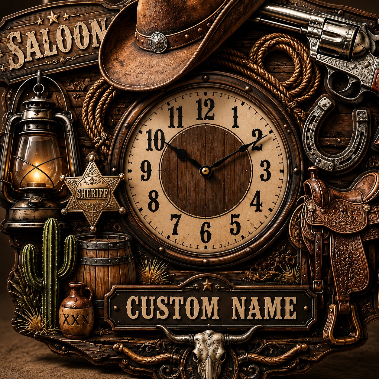 Western saloon Custom Name Wall Clock — personalized with a custom name