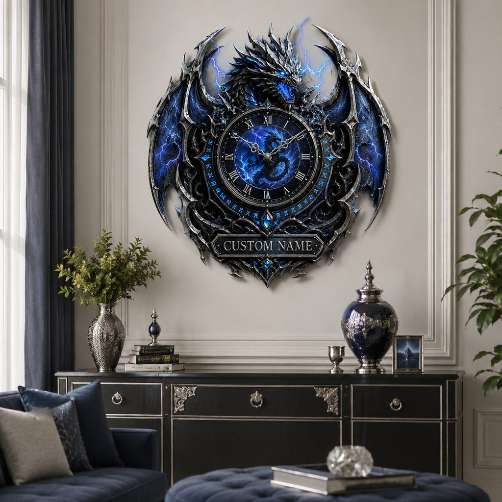 Storm dragon Custom Name Wall Clock — personalized with a custom name