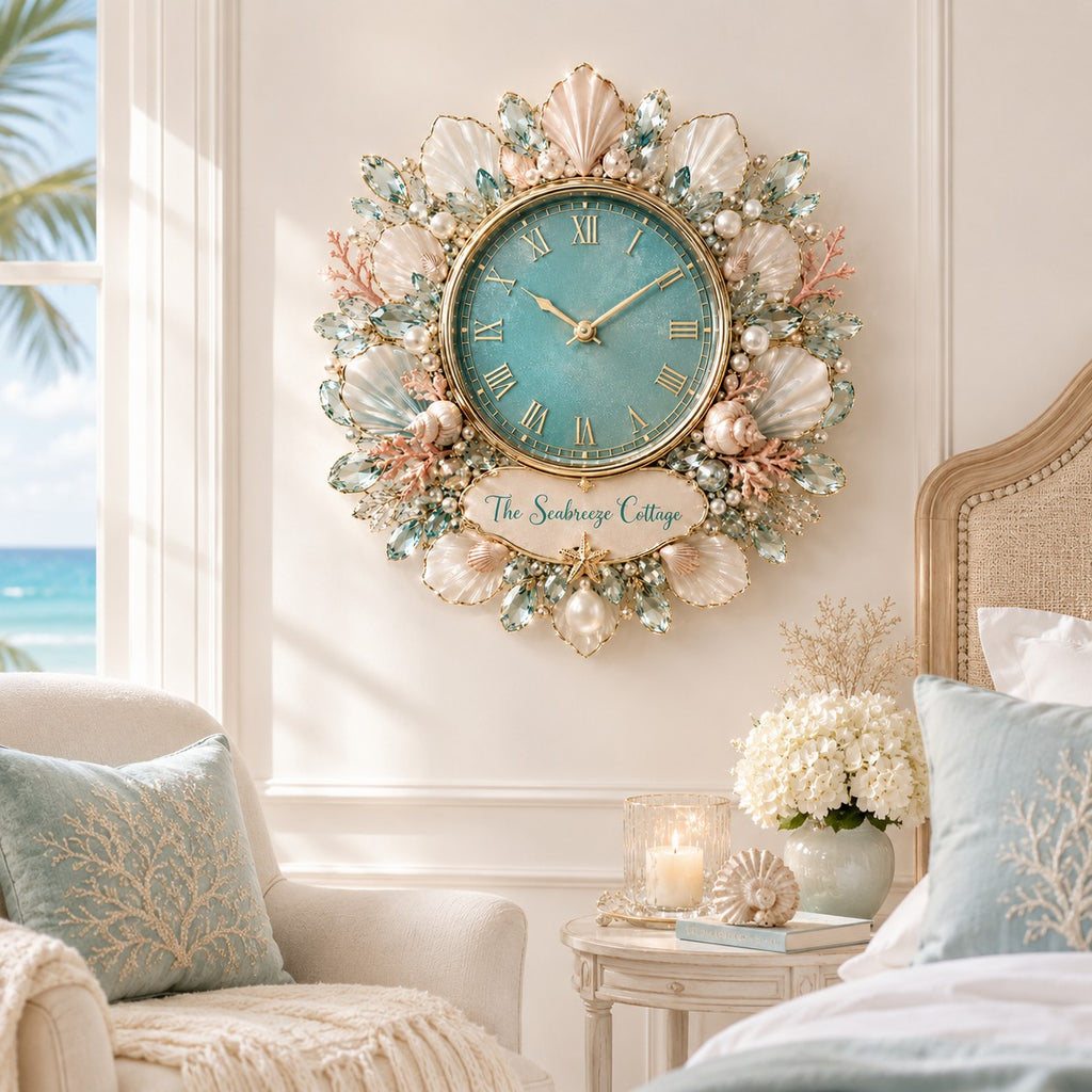Coastal seashell Custom Name Wall Clock — personalized with a custom name