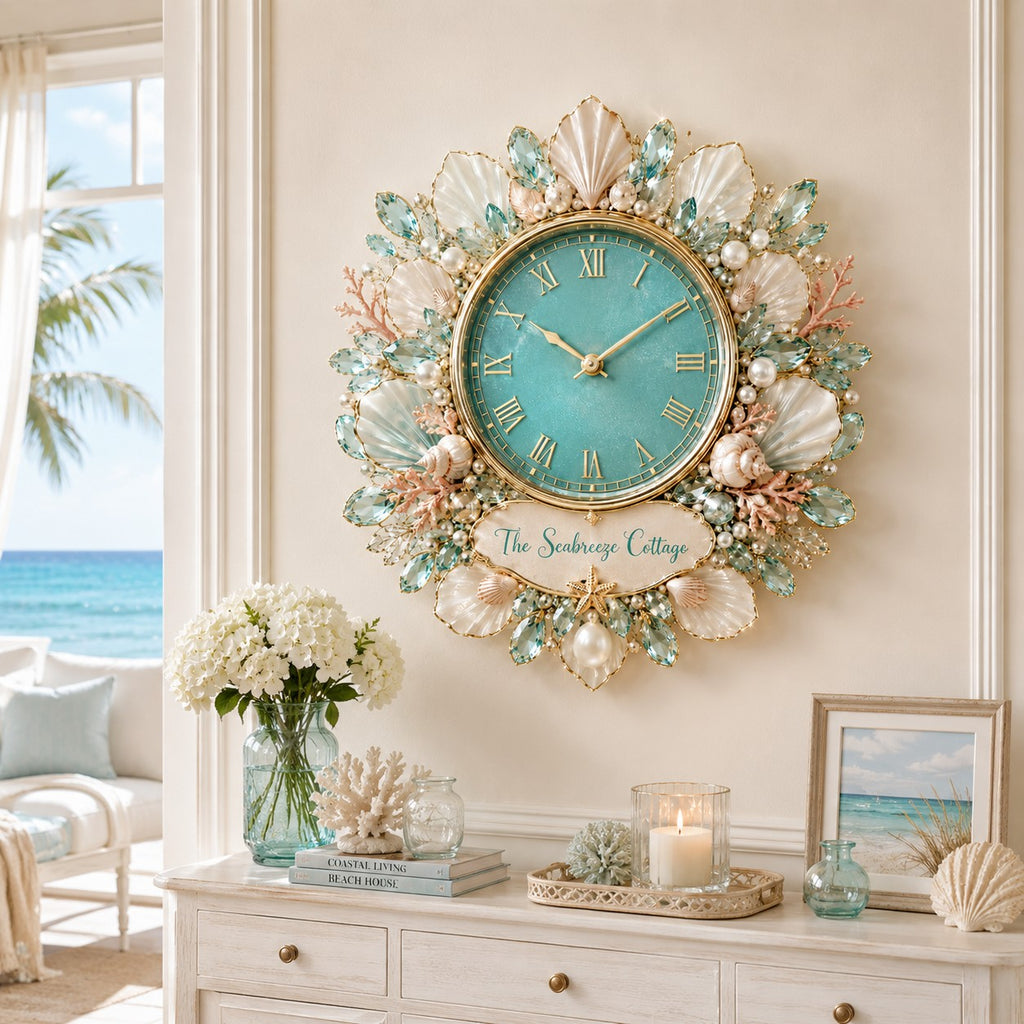Coastal seashell Custom Name Wall Clock — personalized with a custom name