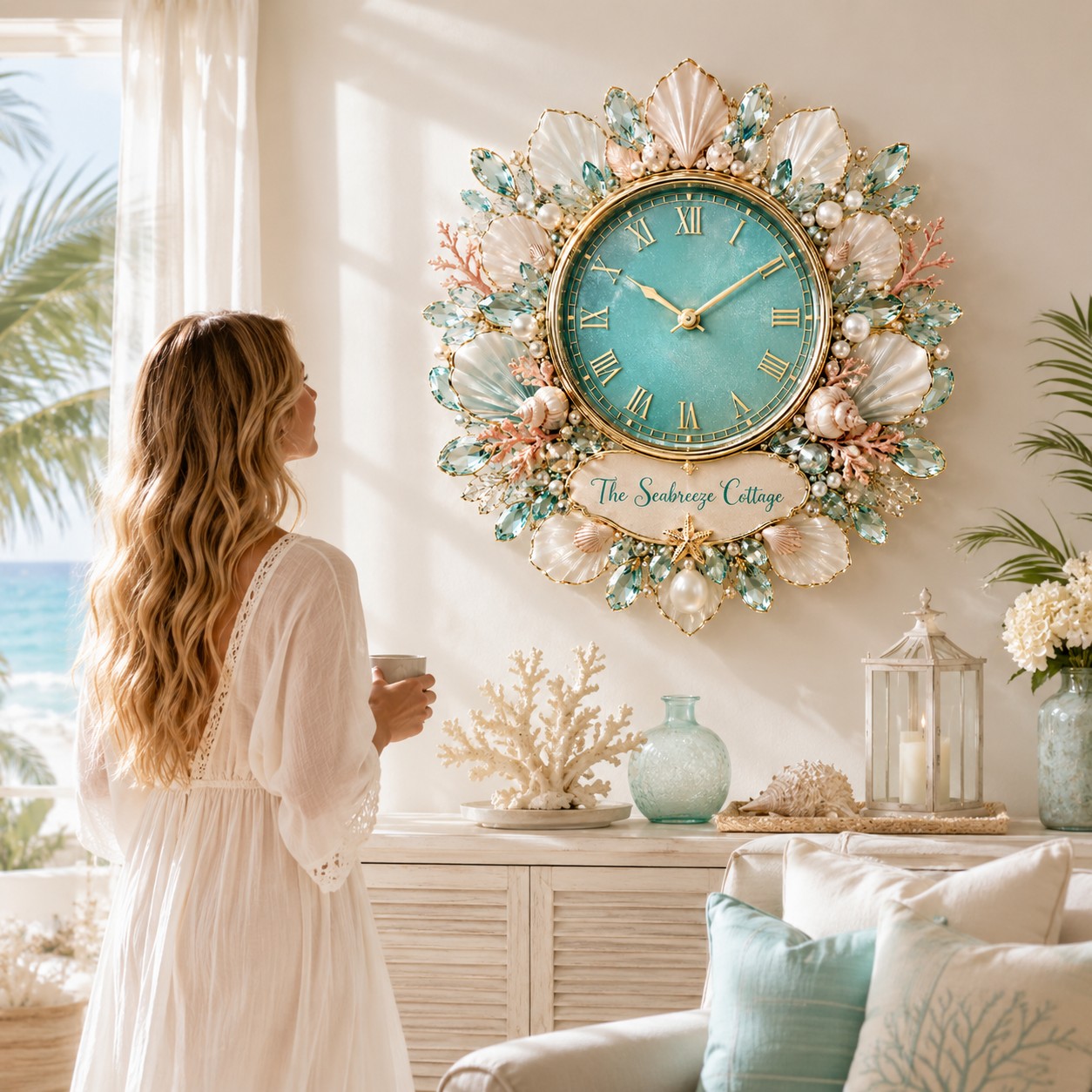 Coastal seashell Custom Name Wall Clock — personalized with a custom name