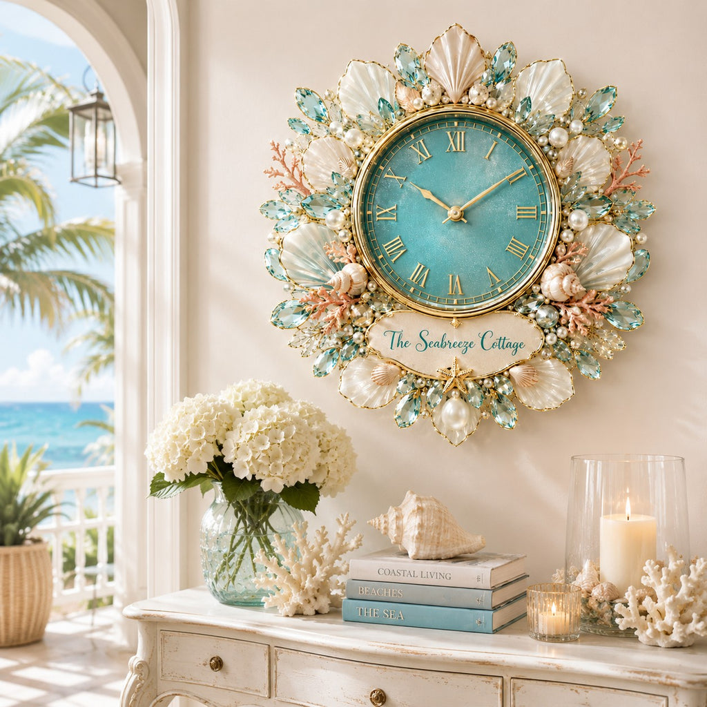 Coastal seashell Custom Name Wall Clock — personalized with a custom name