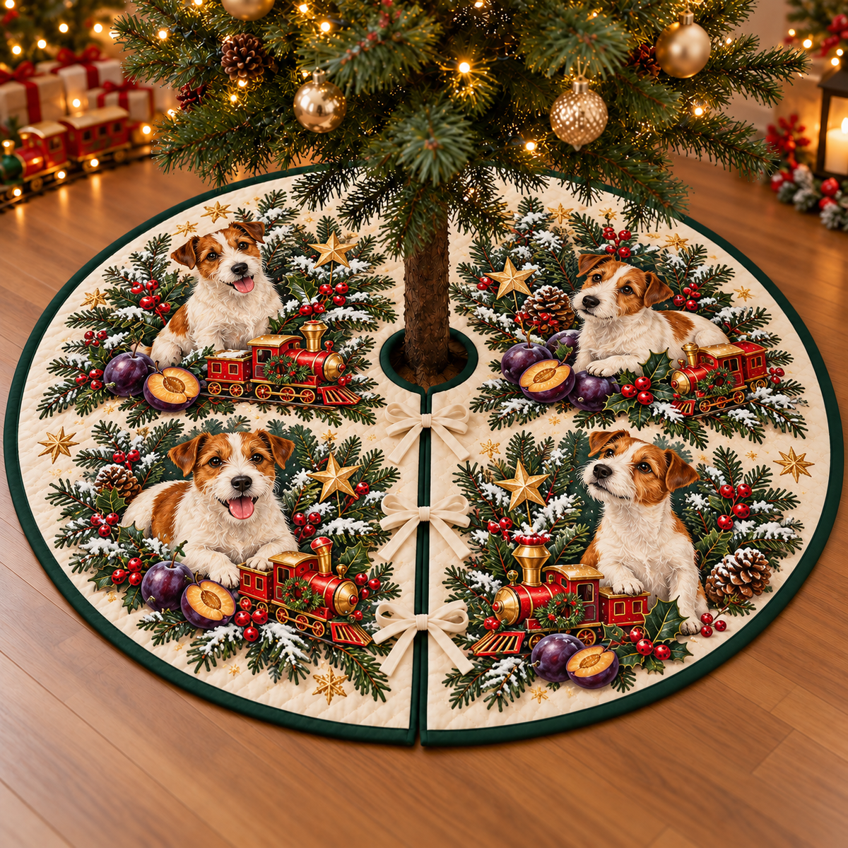 Jack Russell Plum Toy Train printed Christmas circular tree skirt; design mockup showing a flat printed depth effect.