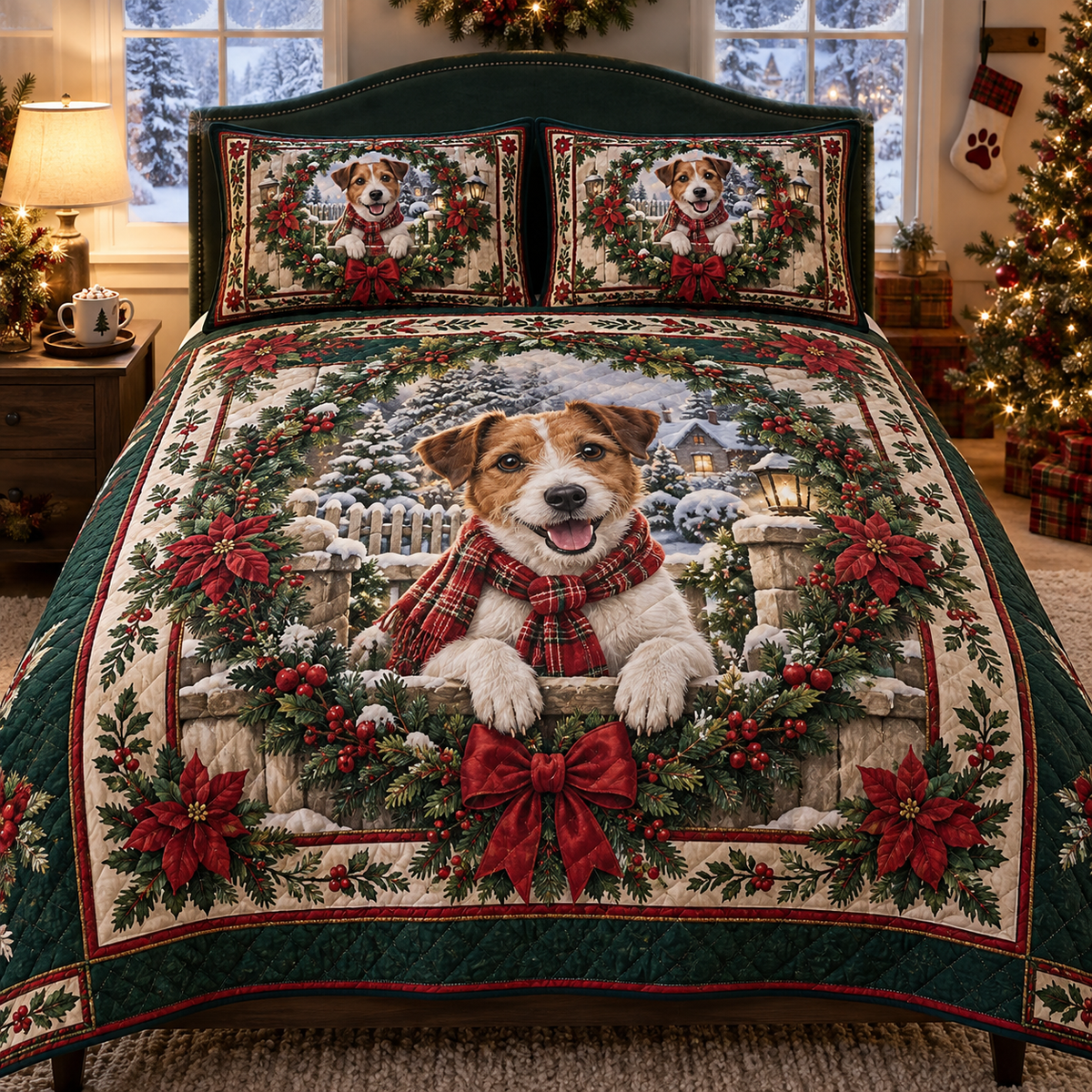 Jack Russell Terrier Christmas 3-Piece Quilted Bedding Set — digital product visualization