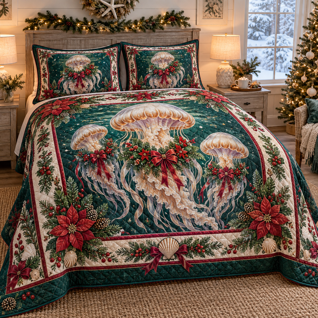 Jellyfish Christmas 3-Piece Quilted Bedding Set — digital product visualization