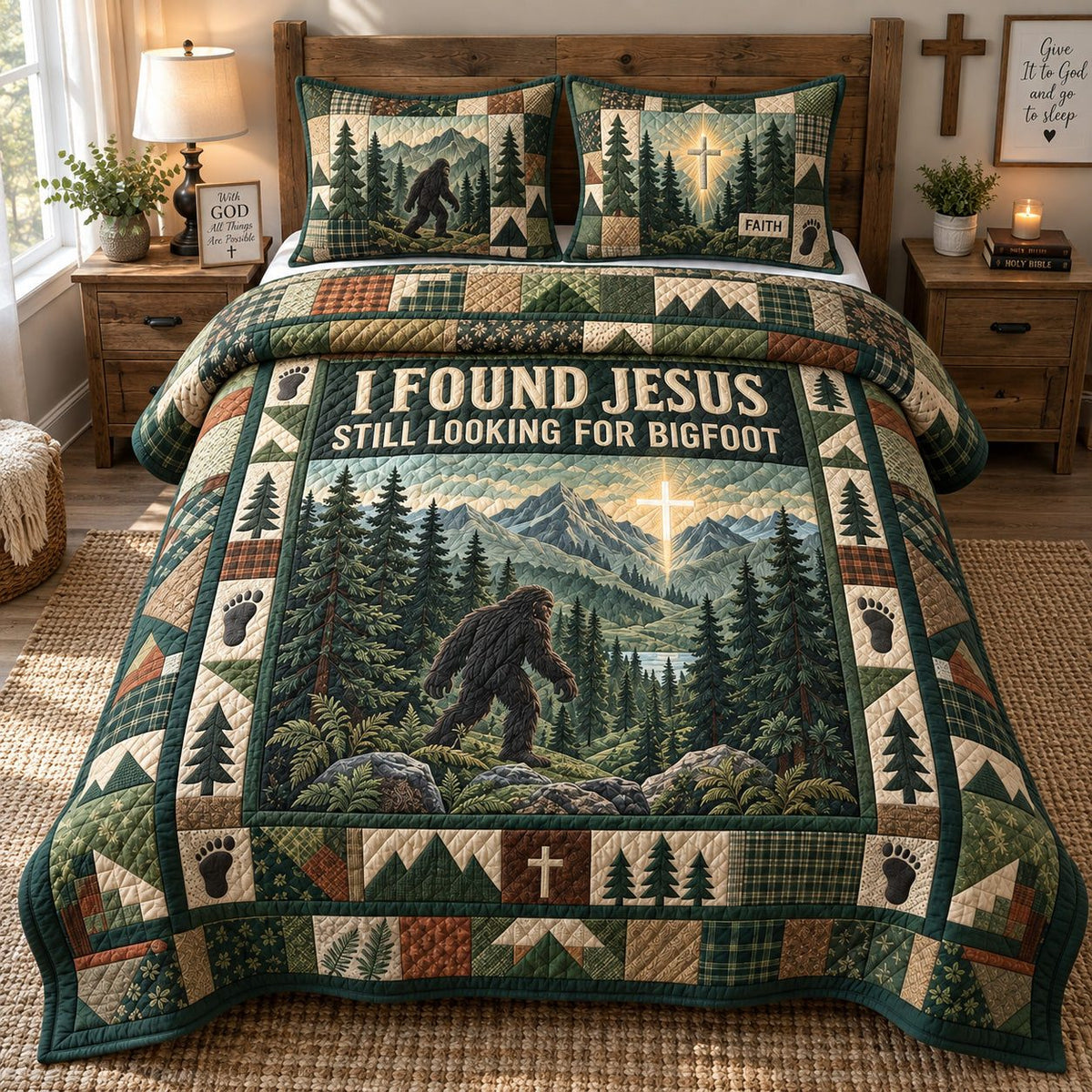 Jesus And Bigfoot quilted 3-piece bedding set on a made bed in a softly lit bedroom
