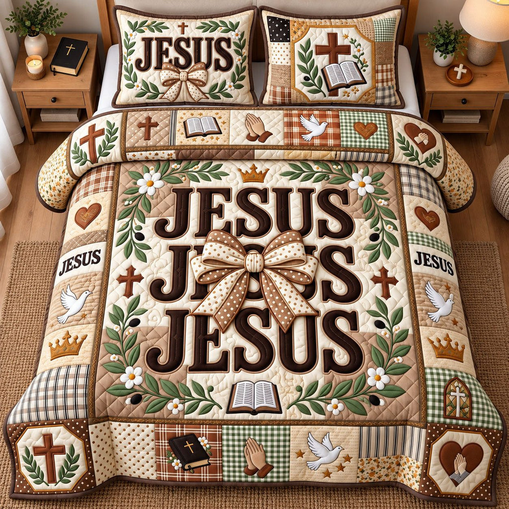 Jesus Bow quilted 3-piece bedding set on a made bed in a softly lit bedroom