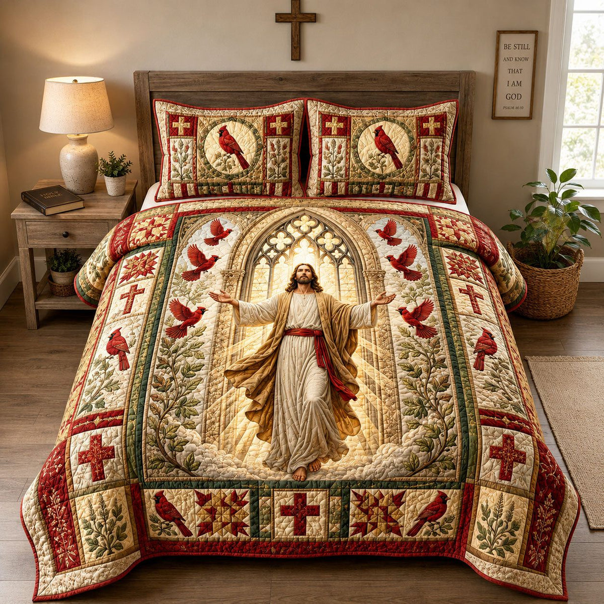 Jesus Cardinal Cathedral Cream quilted 3-piece bedding set on a made bed in a softly lit bedroom