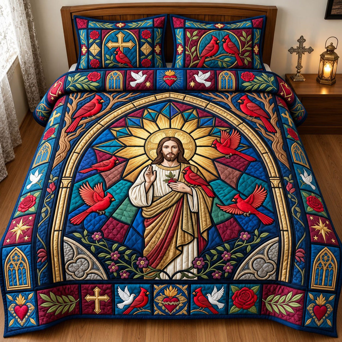 Jesus Cardinal Cathedral Window quilted 3-piece bedding set on a made bed in a softly lit bedroom