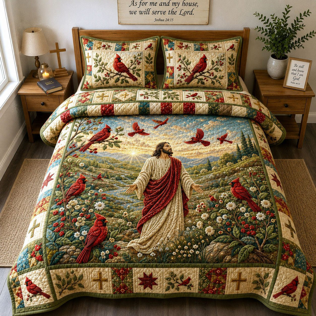 Jesus Cardinal Meadow quilted 3-piece bedding set on a made bed in a softly lit bedroom
