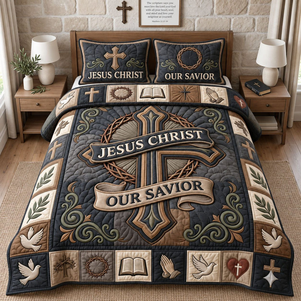 Jesus Christ Our Savior quilted 3-piece bedding set on a made bed in a softly lit bedroom