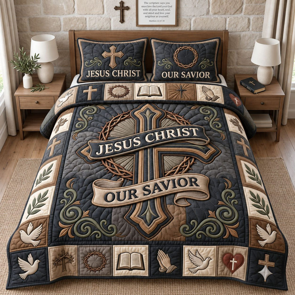 Jesus Christ Our Savior quilted 3-piece bedding set on a made bed in a softly lit bedroom
