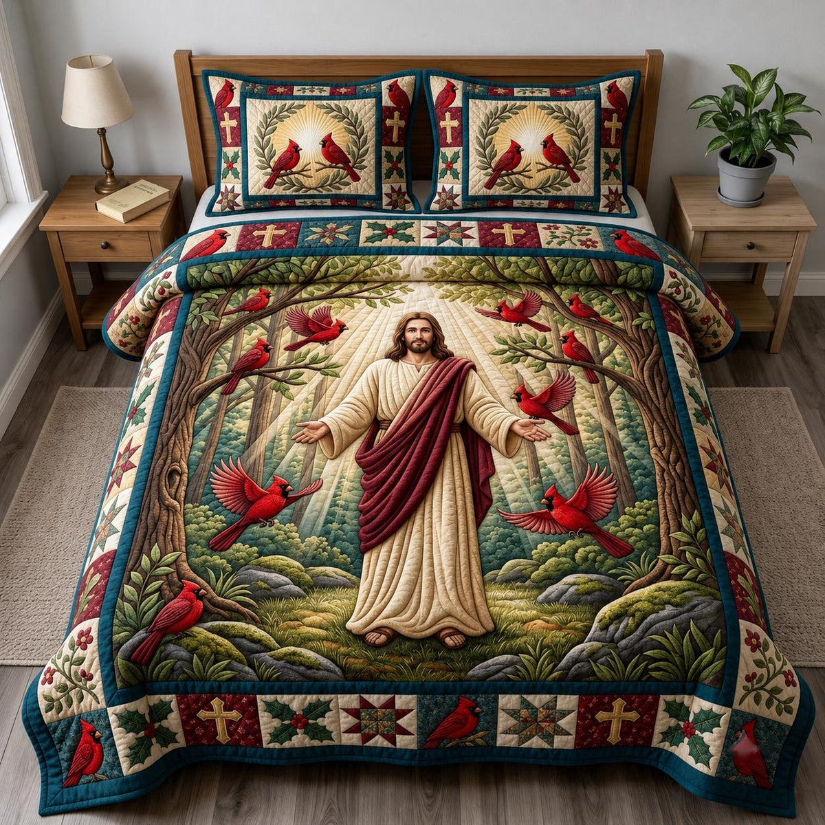 Jesus Christ Red Robe quilted 3-piece bedding set on a made bed in a softly lit bedroom