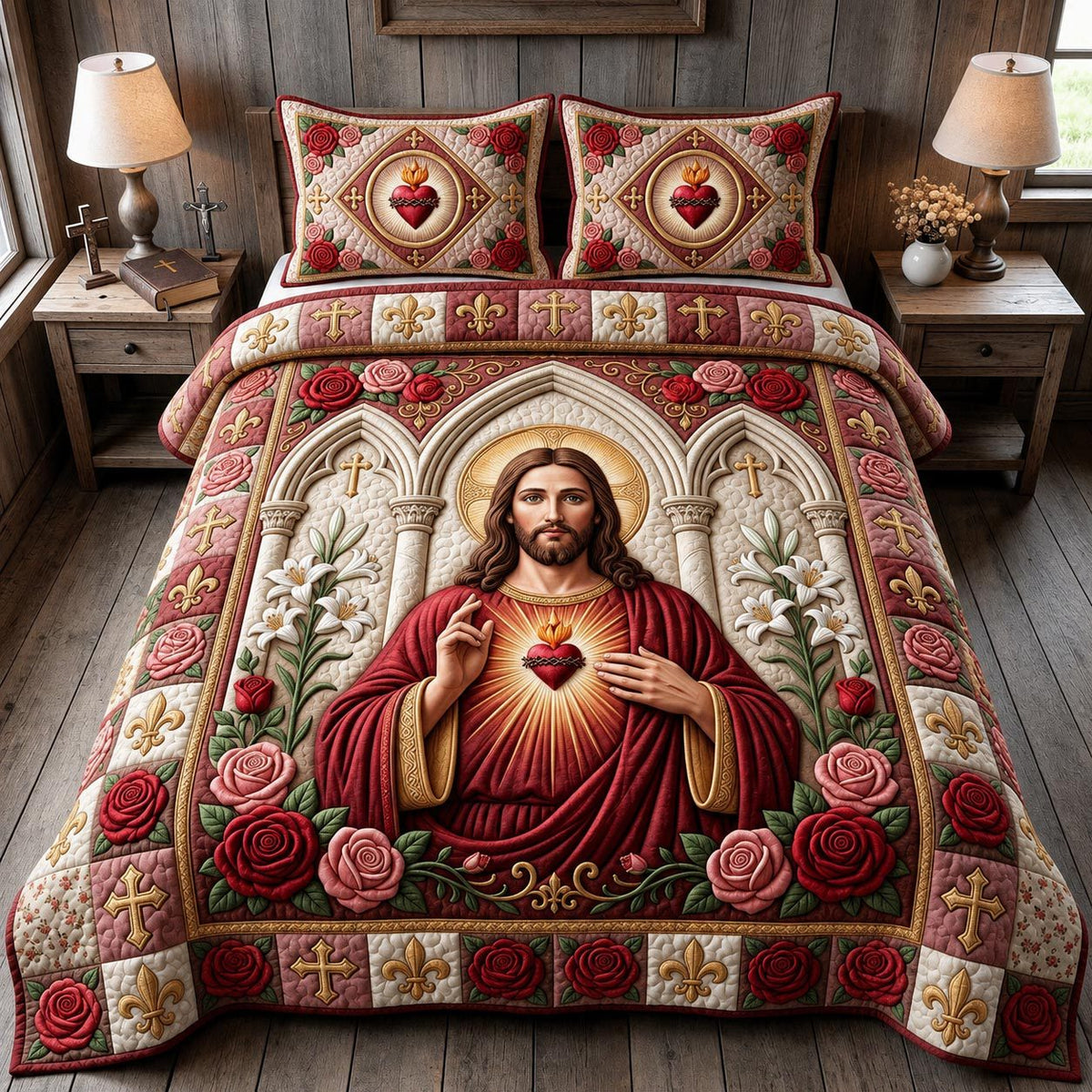 Jesus Christ Sacred Heart quilted 3-piece bedding set on a made bed in a softly lit bedroom