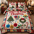 Jesus Christmas Blessings quilted 3-piece bedding set on a made bed in a winter-styled bedroom