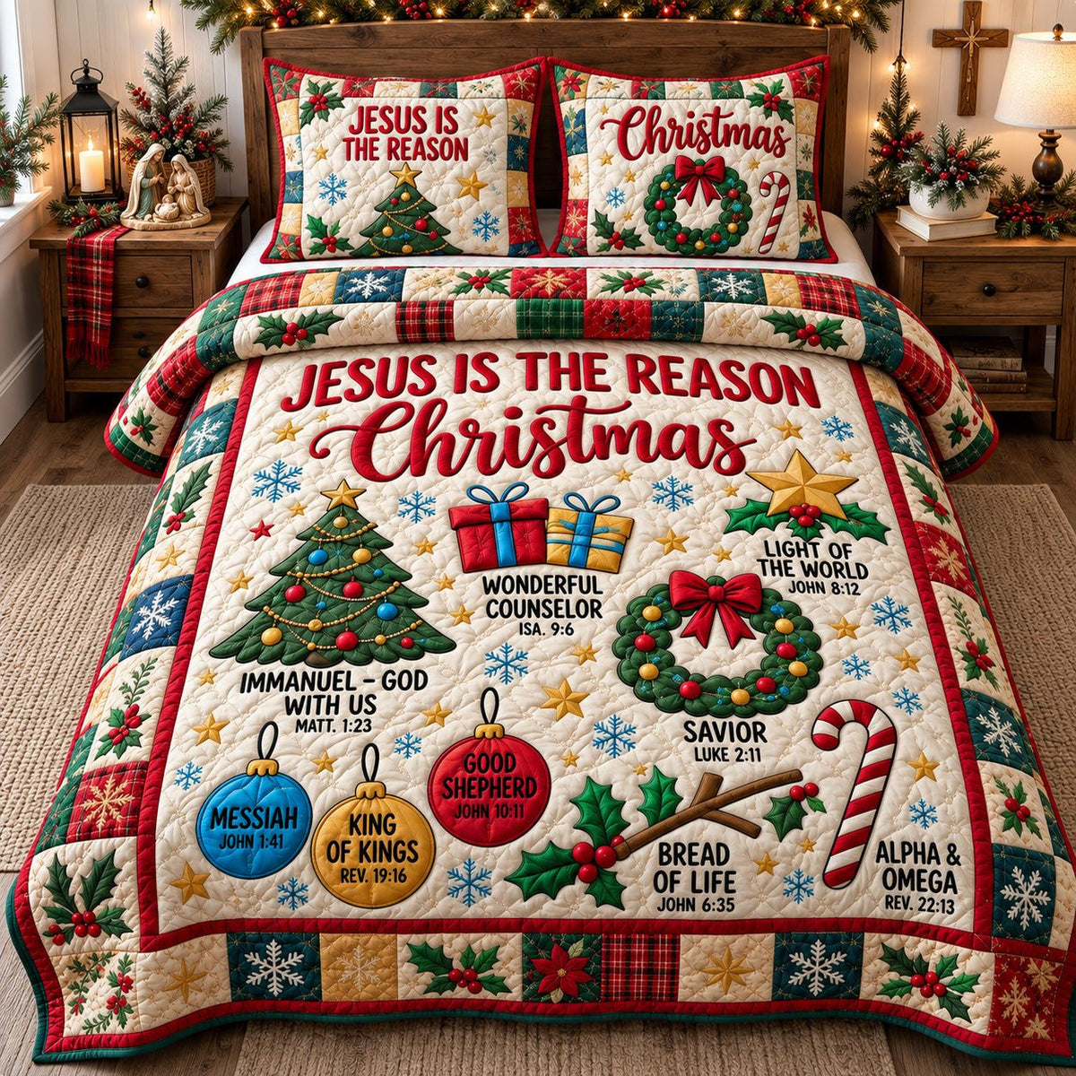 Jesus Christmas Blessings quilted 3-piece bedding set on a made bed in a winter-styled bedroom
