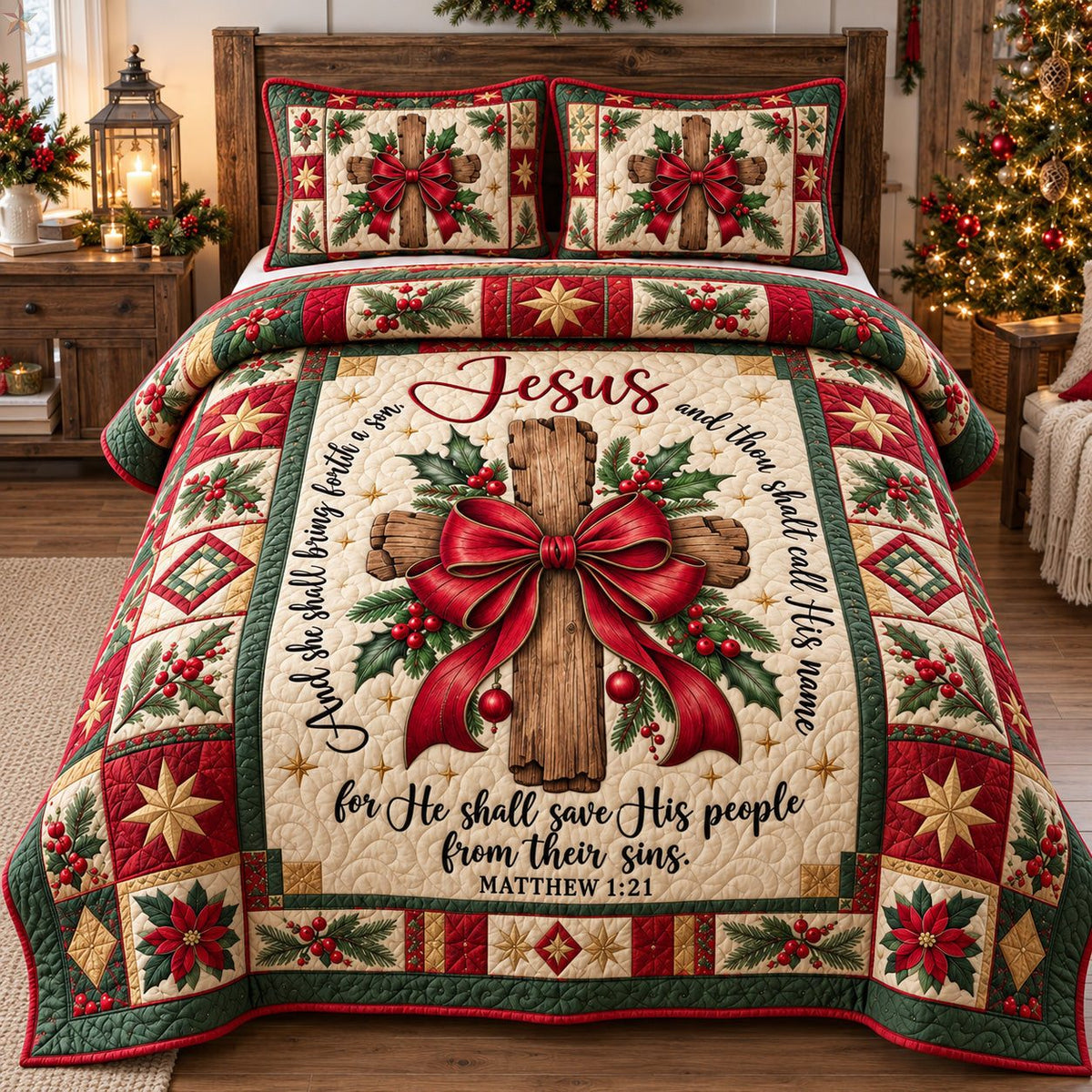 Jesus Christmas Cross quilted 3-piece bedding set on a made bed in a winter-styled bedroom