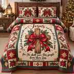 Jesus Christmas Cross quilted 3-piece bedding set on a made bed in a winter-styled bedroom