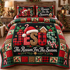 Jesus Christmas Faith quilted 3-piece bedding set on a made bed in a winter-styled bedroom